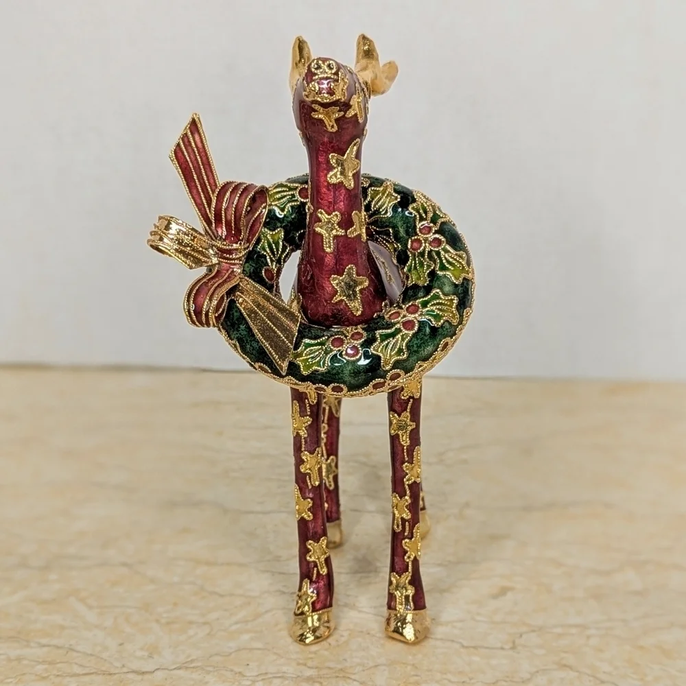 Vintage NYCO Cloisonne Enamel  Maroon Reindeer Gold Star Green Christmas Wreath